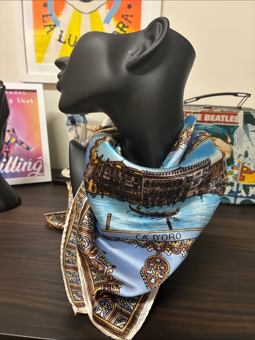 Silk-Feel Venice Scenic Square Scarf in Sky Blue and Gold Italy EuroMaxxing